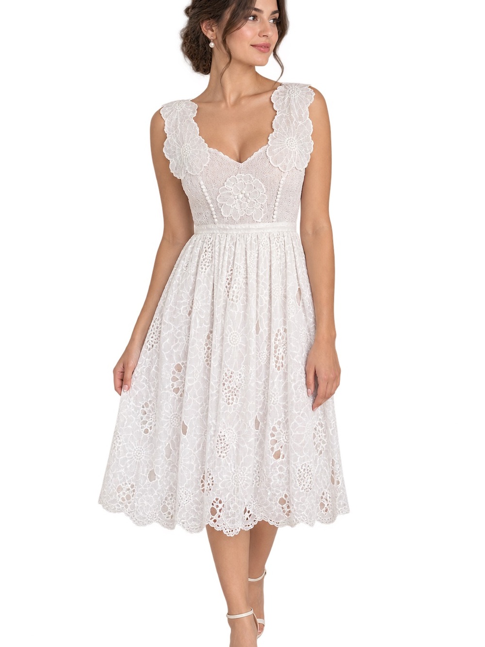 White Lace Midi Dress with Scalloped Straps